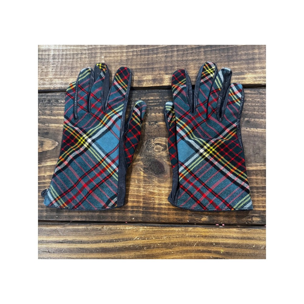 Vintage Winter Gloves Teal Red Tartan Plaid Leather Palm Heritage Style Medium